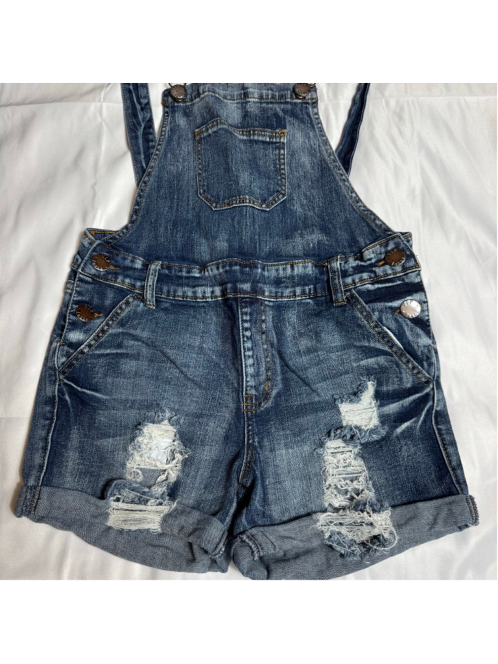 Women's VIP JEANS Blue Distressed Denim Overall Shorts Juniors 11 - Picture 2 of 7